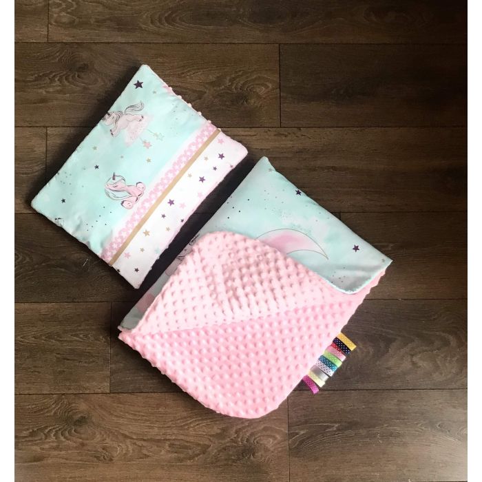 Komplekts ratiņiem spilvens un sega "Lovely unicorns" tirkīza 