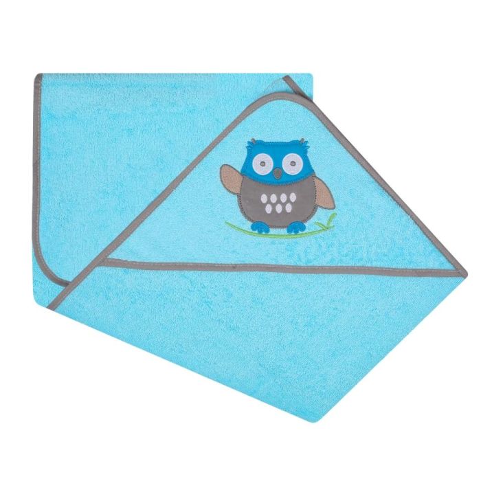 Dvielis ar kapuci  "Happy owl" 80x80cm "frotte" zils