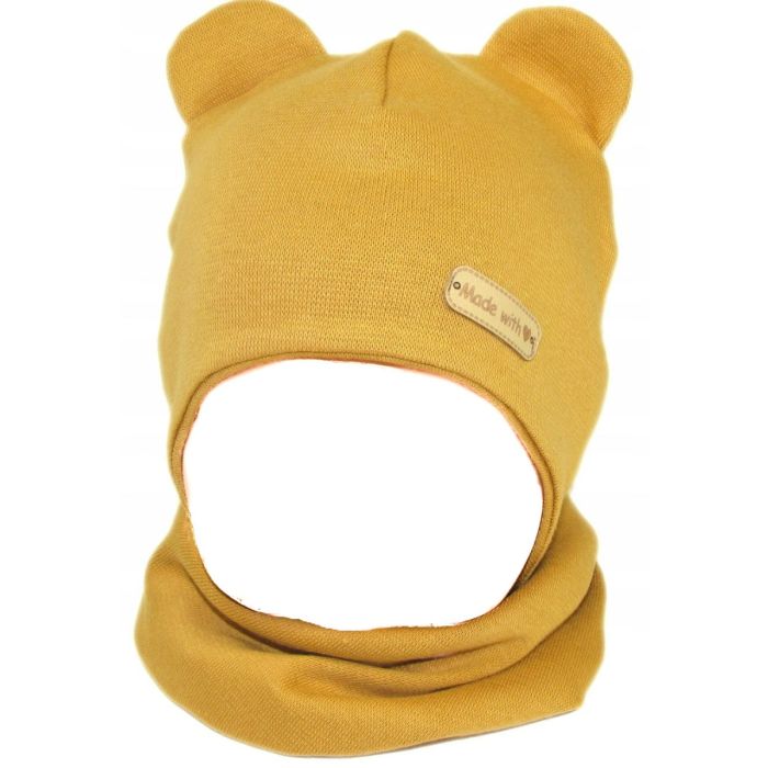 Zīdaiņu cepurīte ar šalli  "Love" - Mustard