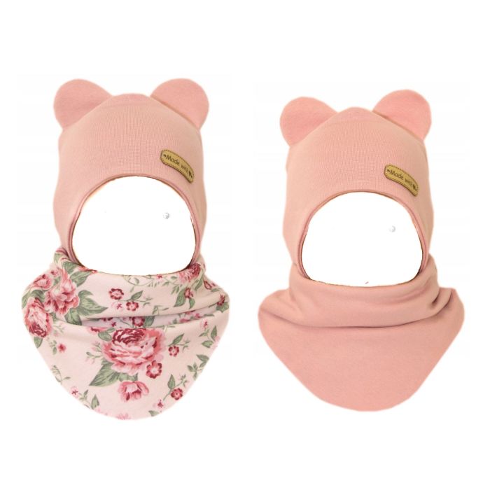 Zīdaiņu cepurīte ar šalli  "Love" - Powder pink flora