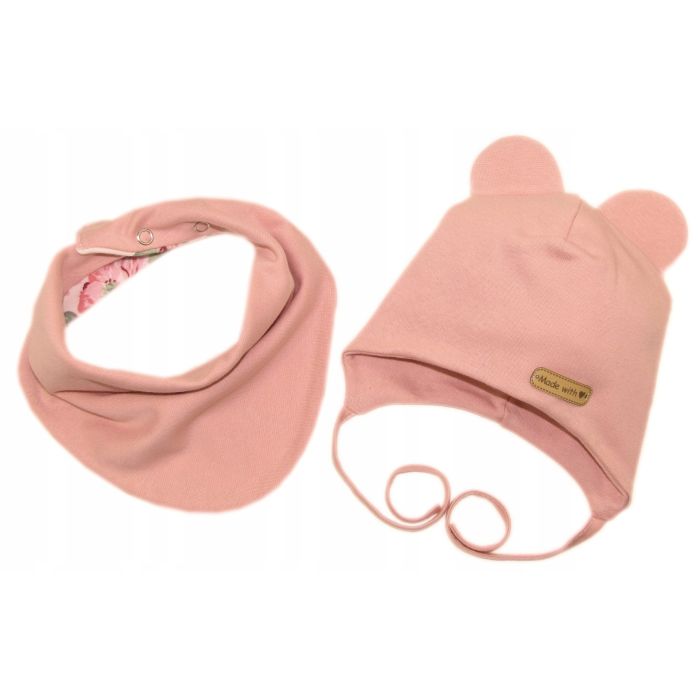 Zīdaiņu cepurīte ar šalli  "Love" - Powder pink flora