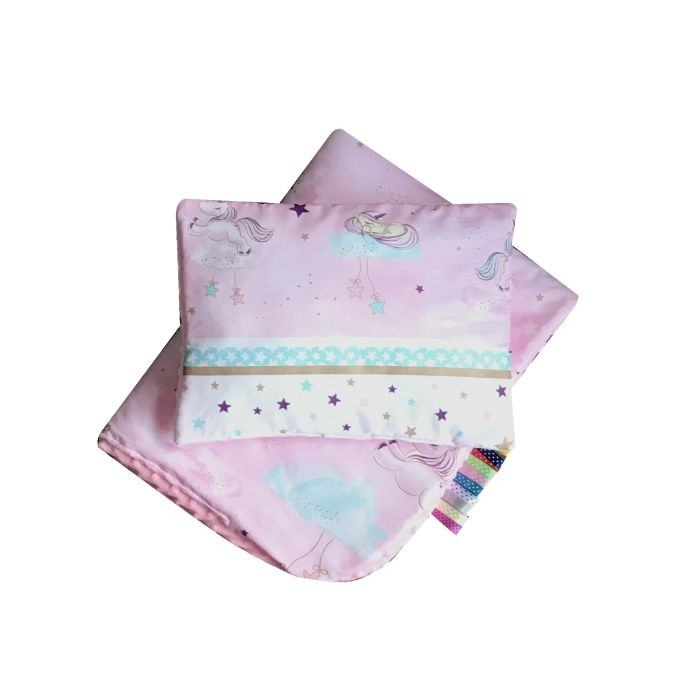 Komplekts ratiņiem spilvens un sega "Lovely unicorns" rozā krāsa