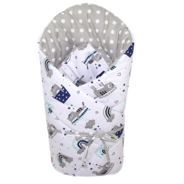 Konverts jaundzimušajiem "Grey" ar kaķēniem un zilām detaļām.