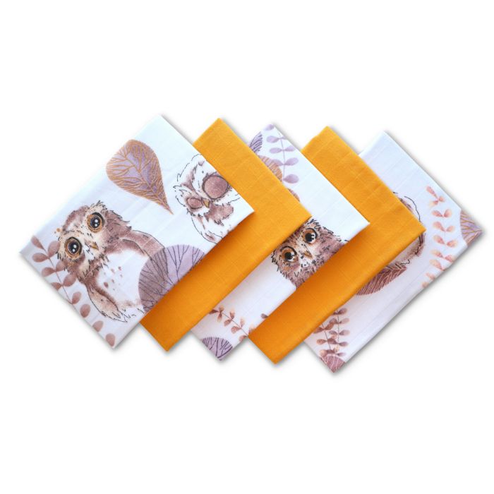 Muslīna mini autiņi komplekts "Mini" 5 gab.  38x38 cm Owls yellow