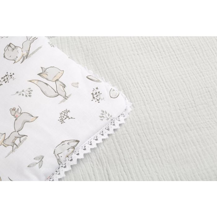 Muslīna un kokvilnas pleds un spilvens zīdainim "Foxy" pelēks