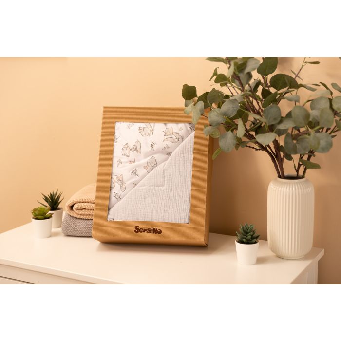 Muslīna un kokvilnas pleds un spilvens zīdainim "Foxy" pelēks