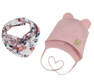 Zīdaiņu cepurīte ar šalli  "Love" - Powder pink flora