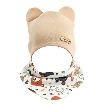 Zīdaiņu cepurīte ar šalli  "Love" - Beige bears